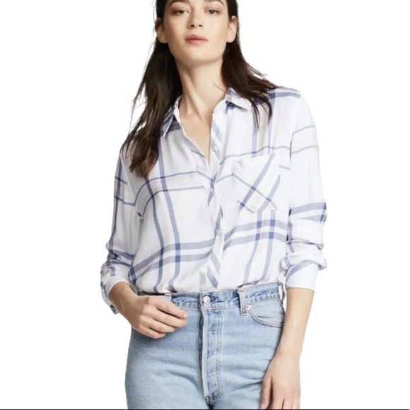 Rails x Anthropologie Hunter Plaid Indigo Powder Blush XS Blue Pink Buttondown - Picture 5 of 11